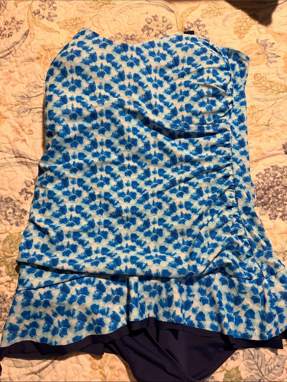 Blue Floral Strapless One-Piece Swimdress with Skirted Hem